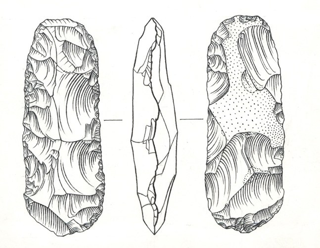 Hand-drawn lithic illustration of a Mesolithic tranchet flint axe in three views, with ripple lines showing the flake scars and stippling showing the cortex