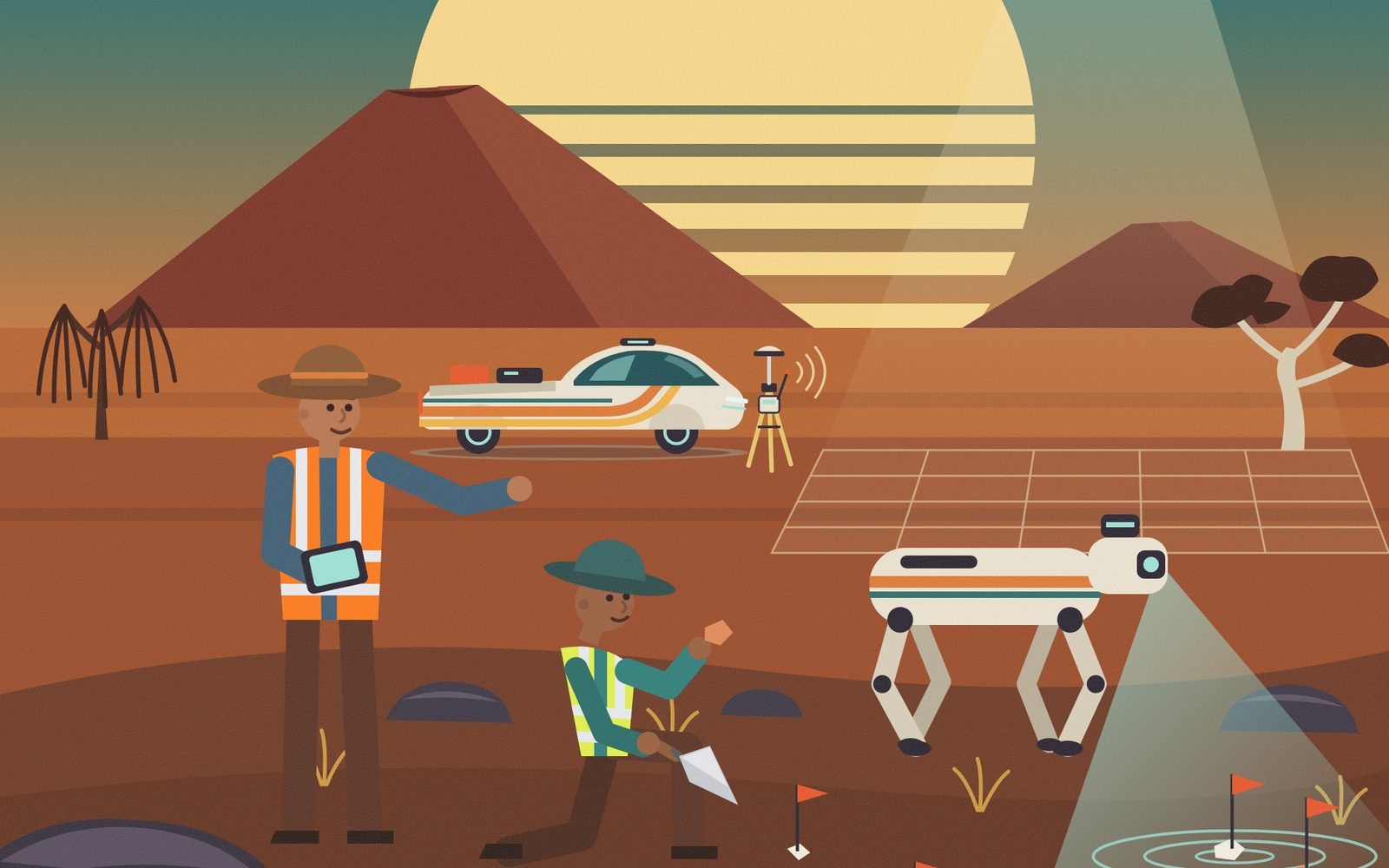 Retro-style illustration of archaeologists in hi-vis vests working with a robot quadruped and a survey drone on a basalt stony rise