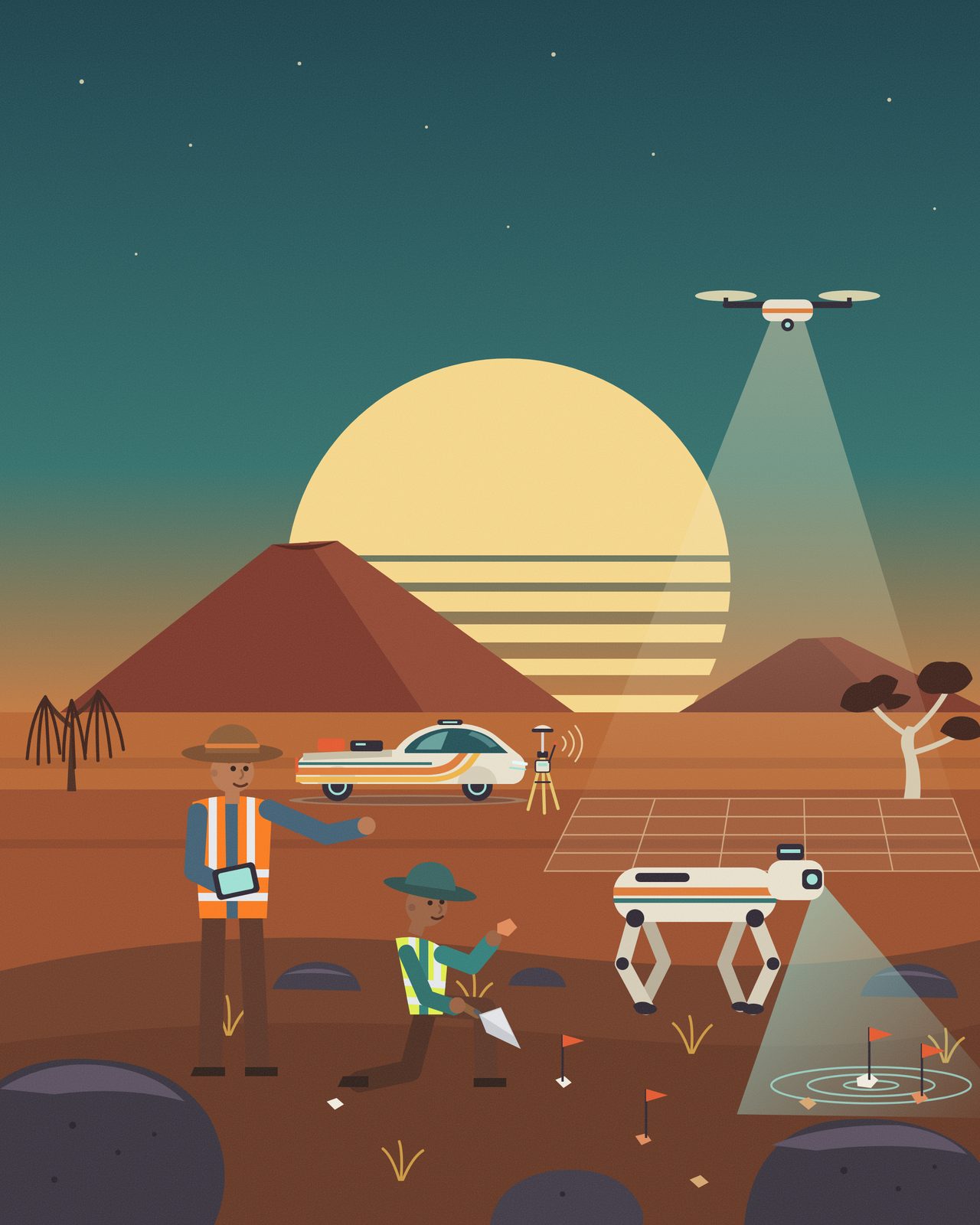 Retro 1970s-style illustration of an archaeological survey crew in 2036: two archaeologists in hi-vis vests on a basalt stony rise, one kneeling with a trowel to examine a stone flake, a robot quadruped scanning the ground for flagged artefacts, a drone projecting a survey grid onto the plain, an electric field ute and an RTK base station, with a striped sun setting behind a scoria cone