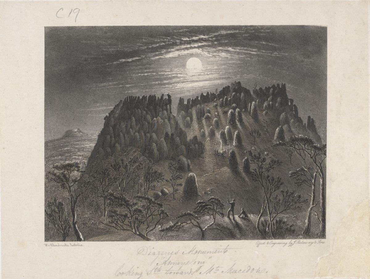 Nineteenth-century engraving of Hanging Rock by moonlight, with settler colonists in the foreground and Traditional Owners beyond, looking south towards Mount Macedon